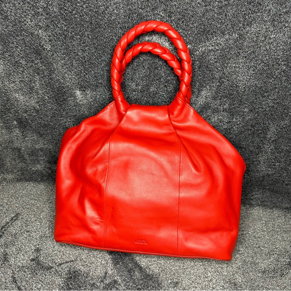Red Leather Handbag with Braided Handles